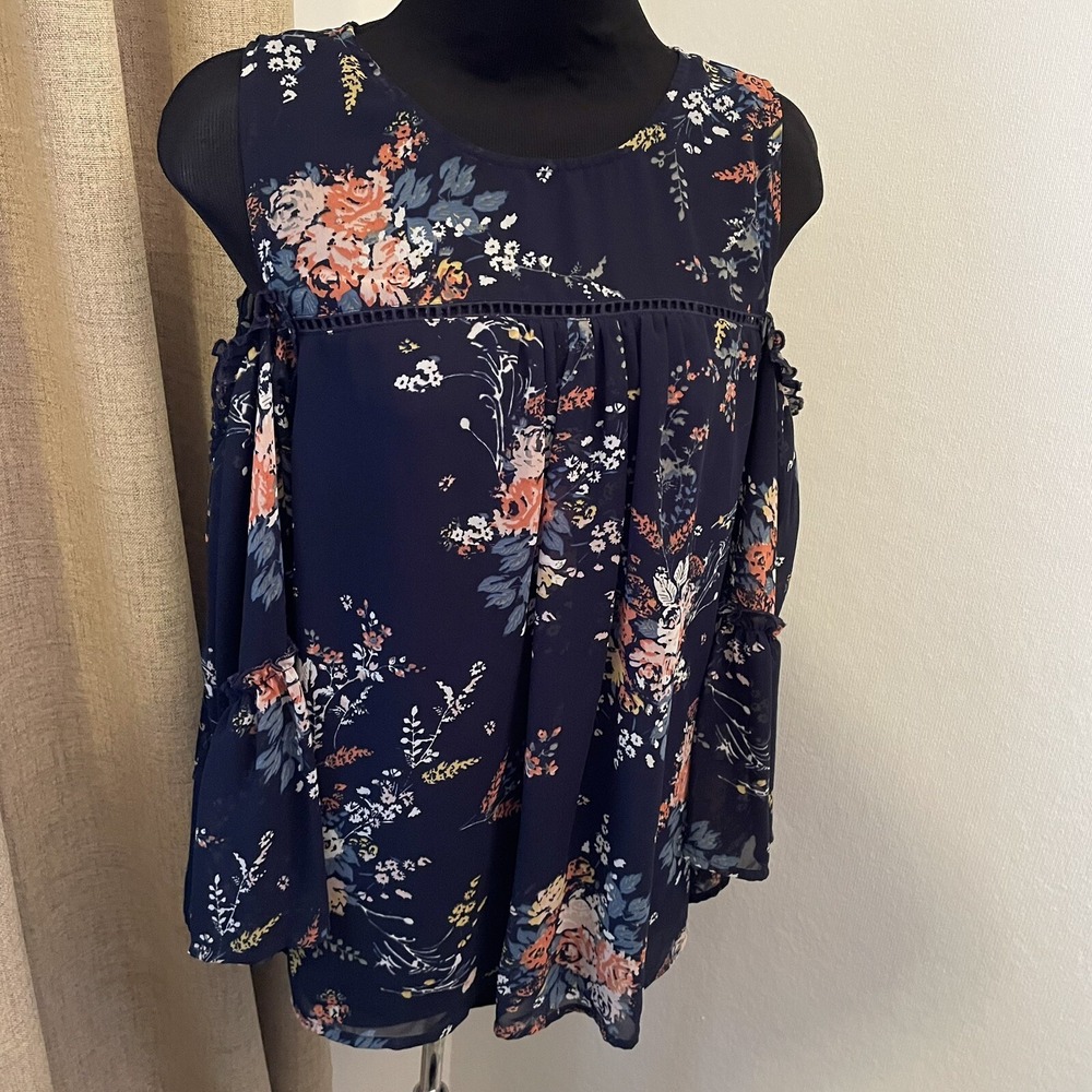 Lucky Brand Los Angeles CA Boho Navy Blue Floral Cold Shoulder Blouse Top Size M